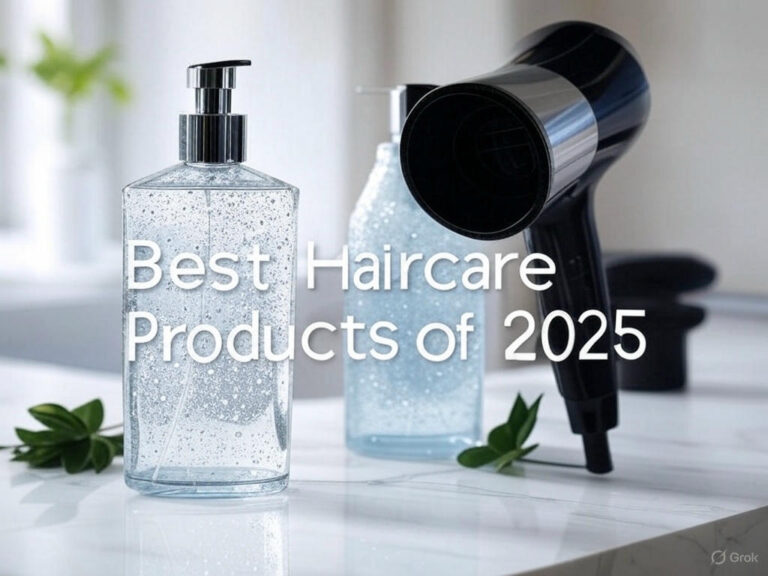 Luxurious display of top haircare products including shampoo, conditioner, and hair dryer on a white marble background with green leaves.