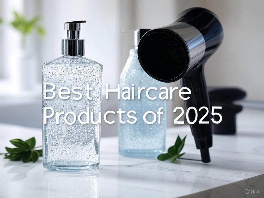 Luxurious display of top haircare products including shampoo, conditioner, and hair dryer on a white marble background with green leaves.