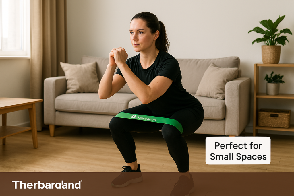 Athlete using TheraBand Resistance Band for squats in a small living room.