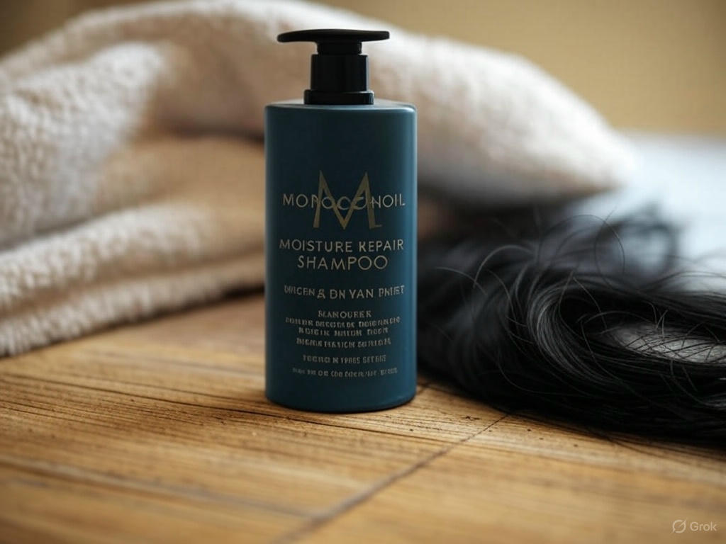 Close-up of Moroccanoil Moisture Repair Shampoo bottle on a wooden surface with a towel and shiny hair.