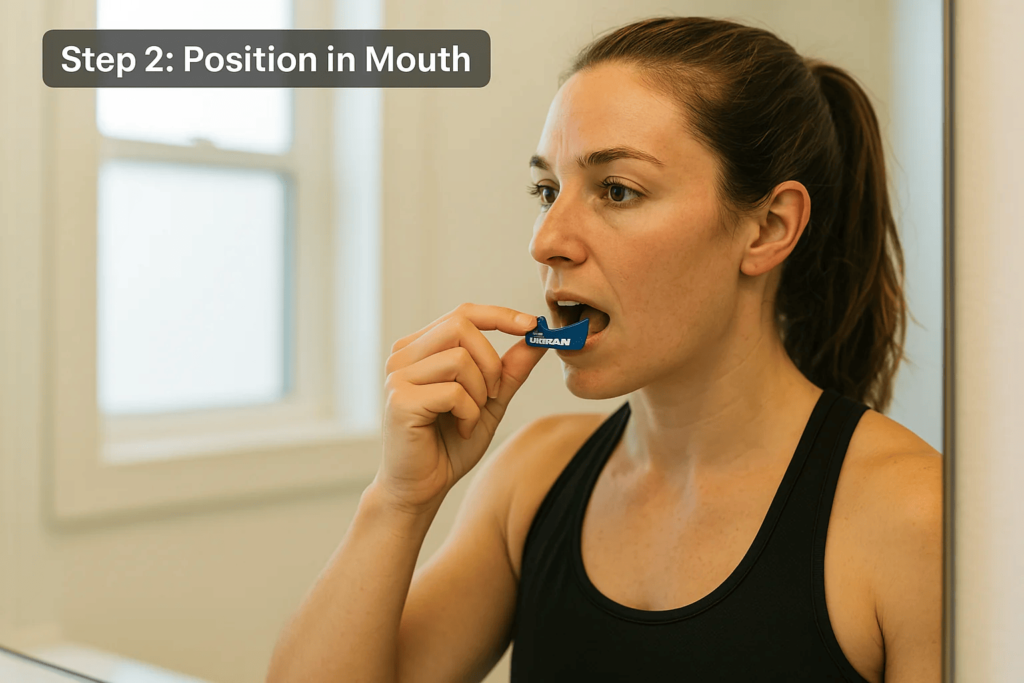 Athlete positioning Airwaav Mouthguard in mouth.