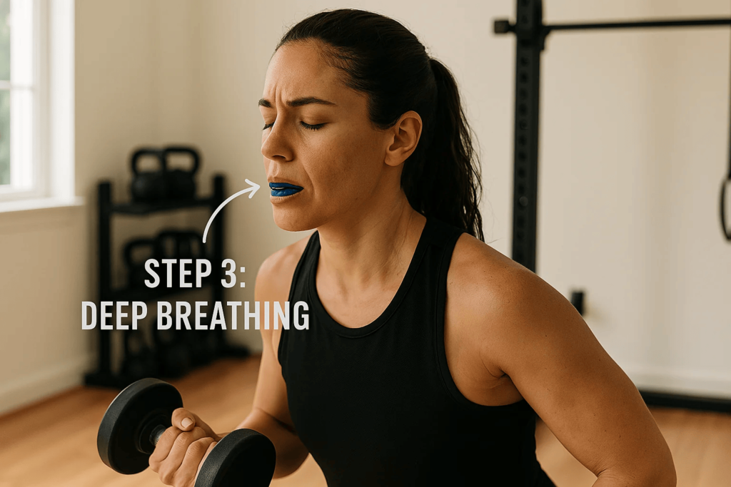 Athlete using Airwaav Mouthguard during deep breathing workout.