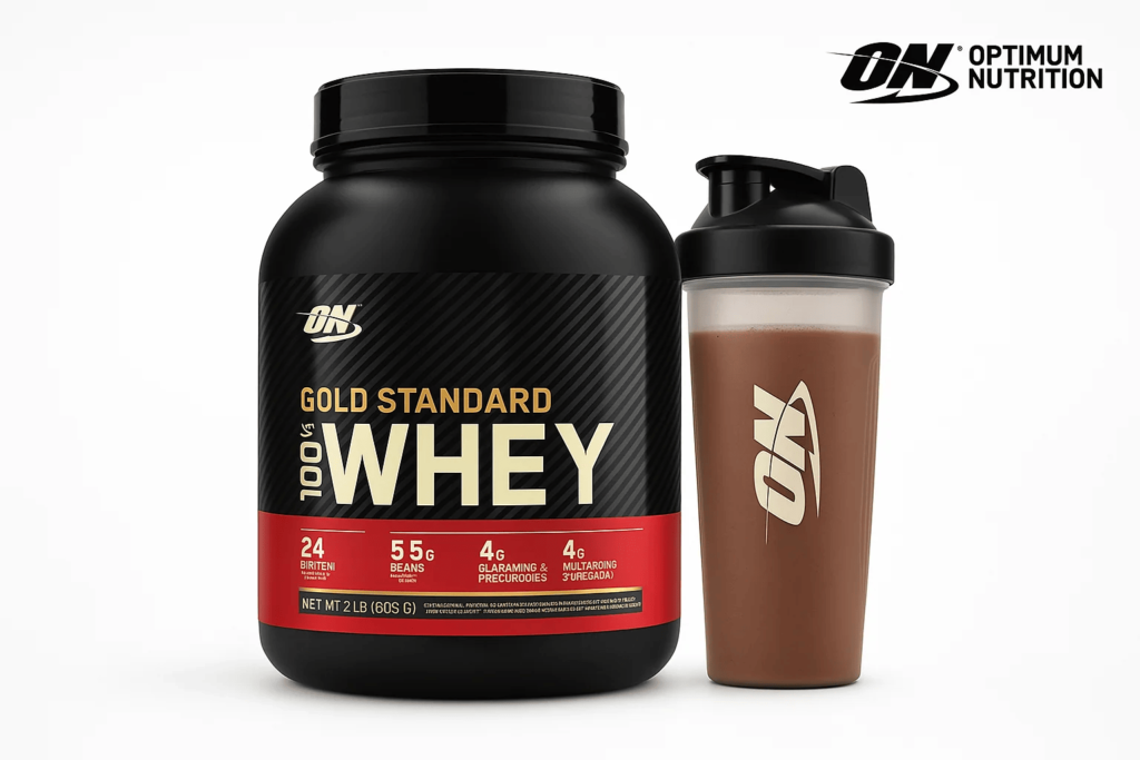 Optimum Nutrition Gold Standard Whey protein powder.