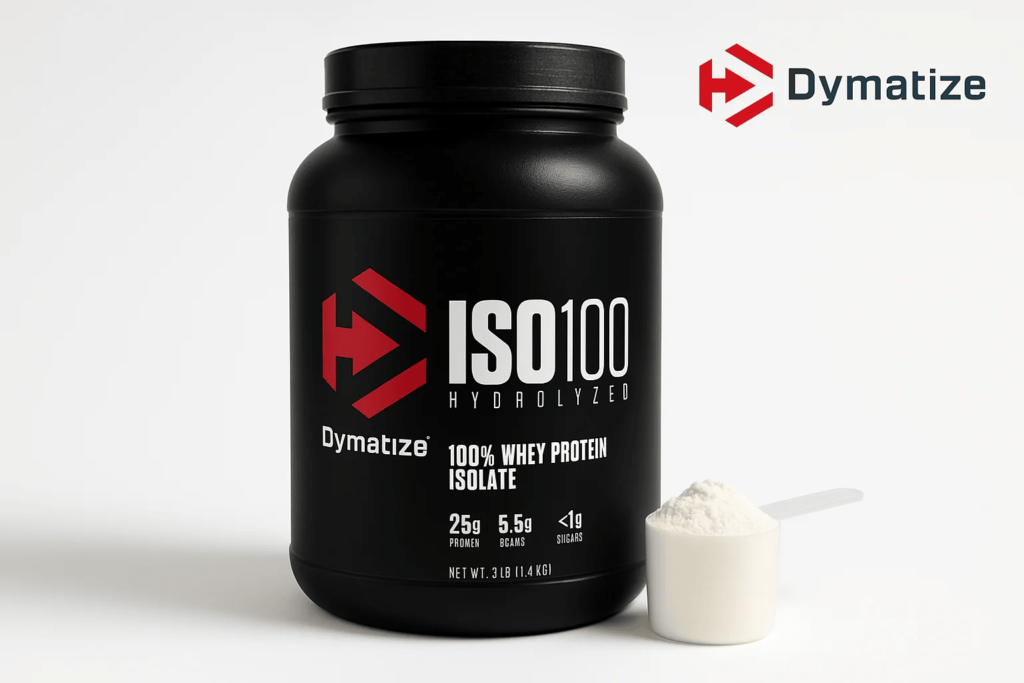 Dymatize ISO100 Hydrolyzed Whey Protein powder.