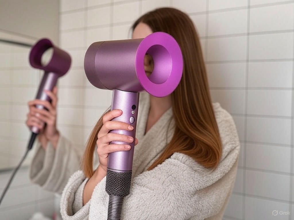Dyson Supersonic Hair Dryer in use in a modern bathroom, highlighting its sleek design.