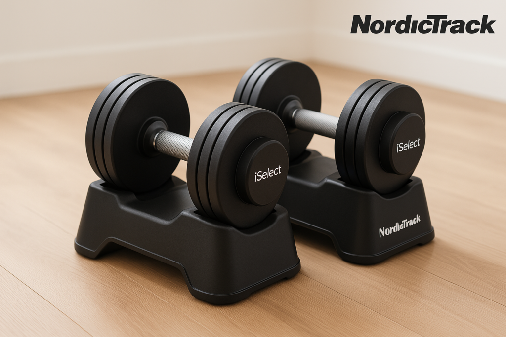 NordicTrack iSelect Adjustable Dumbbells with voice control.