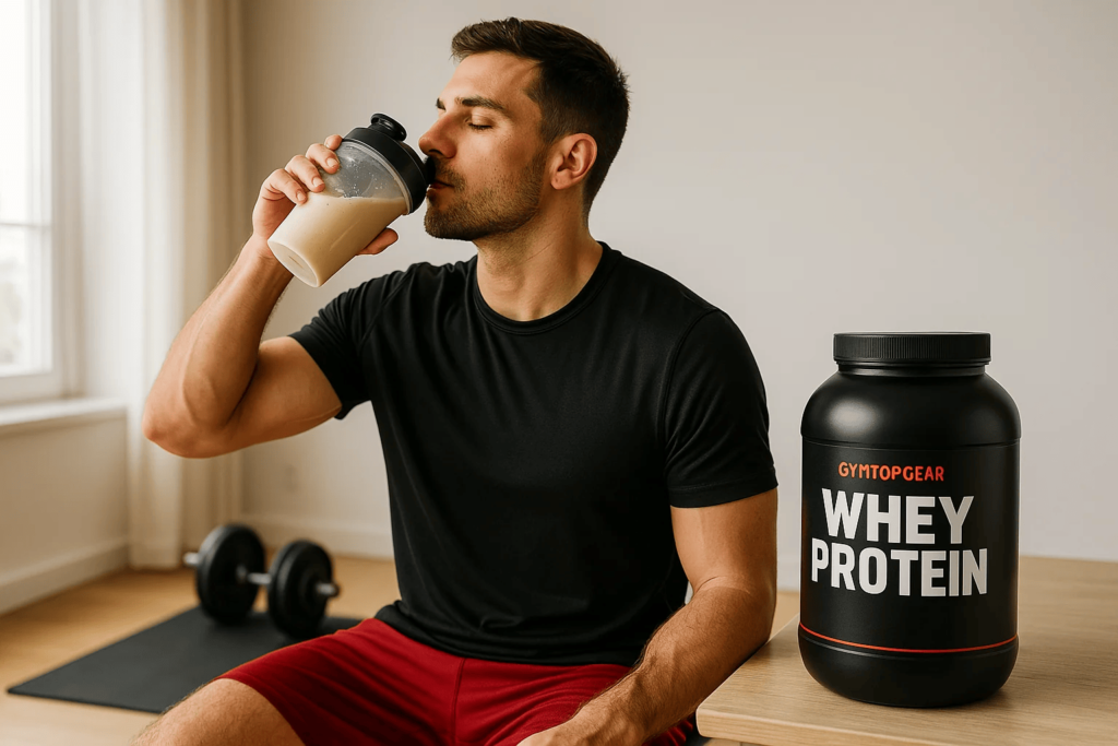 Athlete drinking whey protein in a home gym.