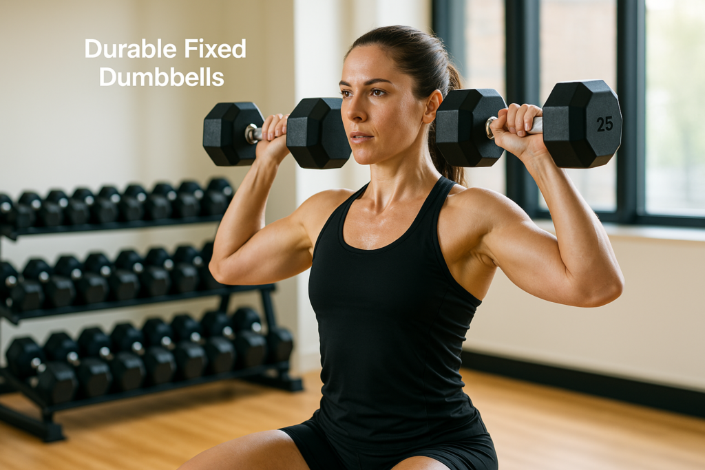 Athlete using durable fixed dumbbells in a gym.

