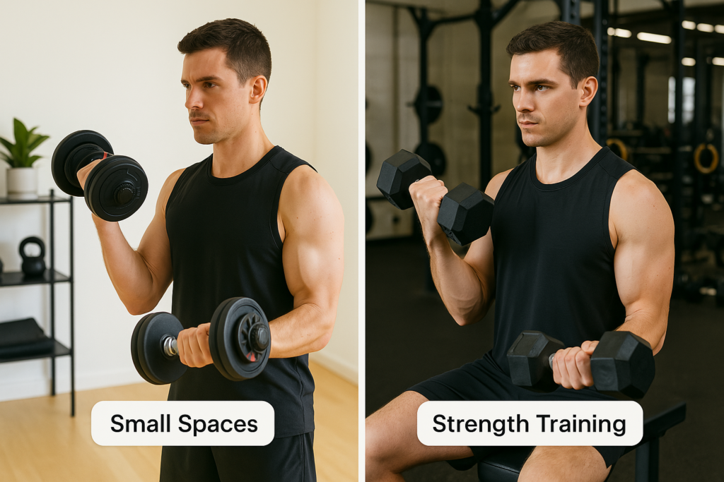 Athlete comparing adjustable and fixed dumbbells in different settings.