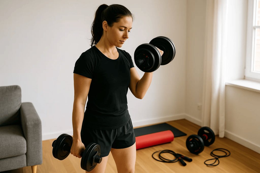 Athlete using dumbbells in a home gym setting.