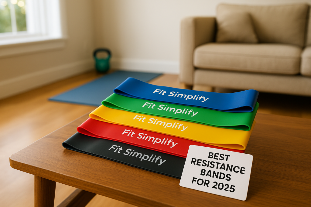 Fit Simplify Resistance Loop Bands on a wooden table in a living room.