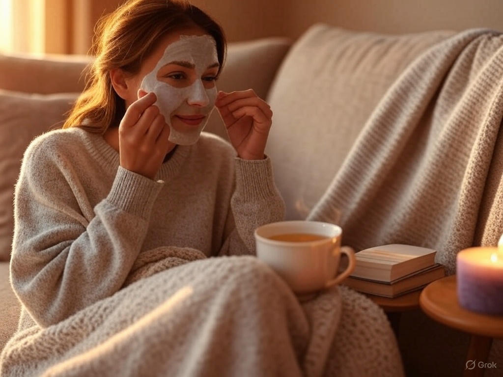 A woman applying a hydrating face mask while relaxing on a couch with a cup of tea, a scented candle, and a soft blanket nearby.