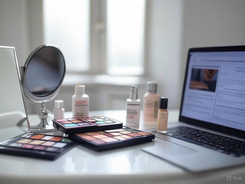 Vanity table with skincare cream, makeup palette, and a laptop showing a beauty product review.