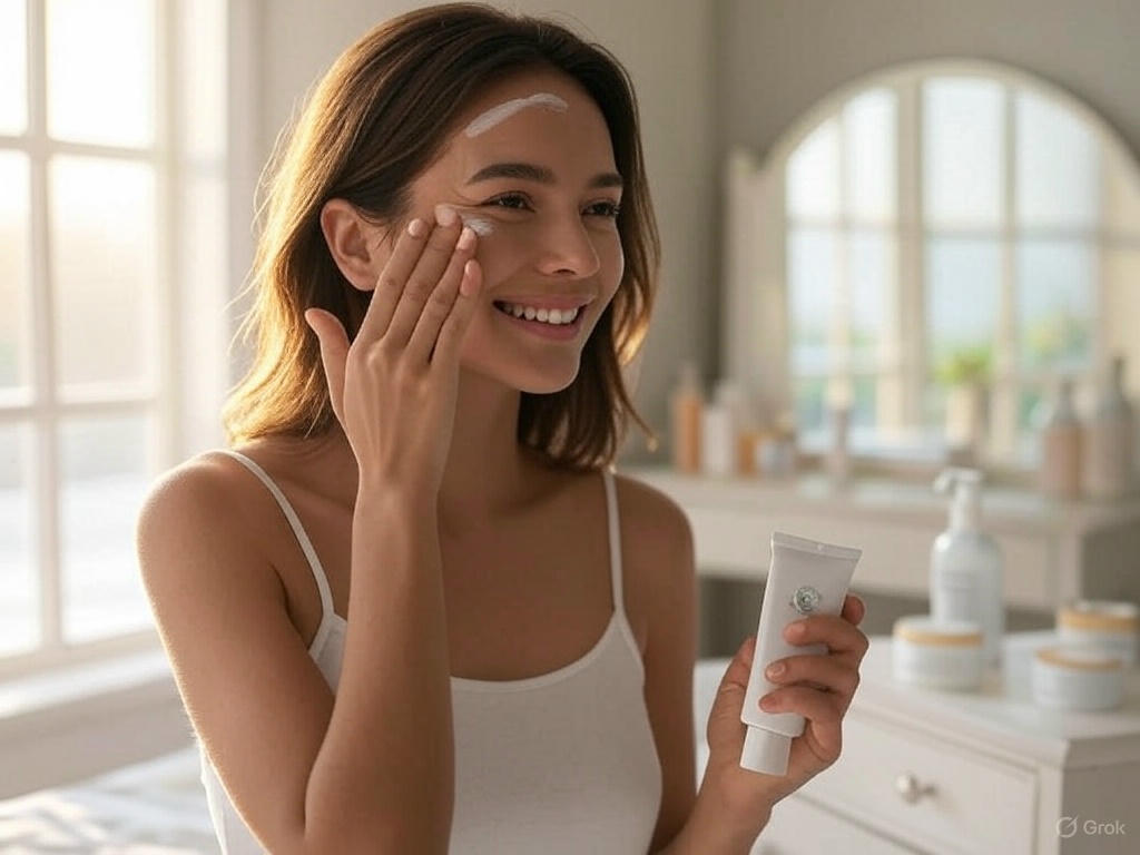A woman applying sunscreen near a window with natural light, completing her morning skincare routine, with a vanity table in the background.
