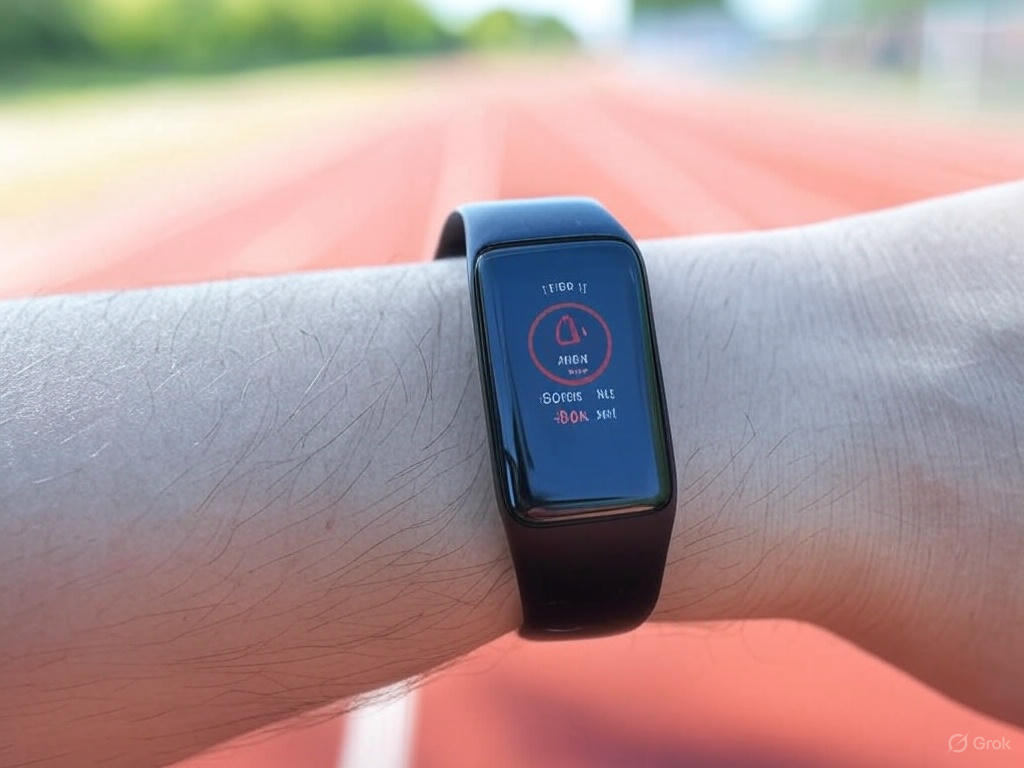 Close-up of a fitness tracker showing step count and heart rate on a wrist with a running track in the background.