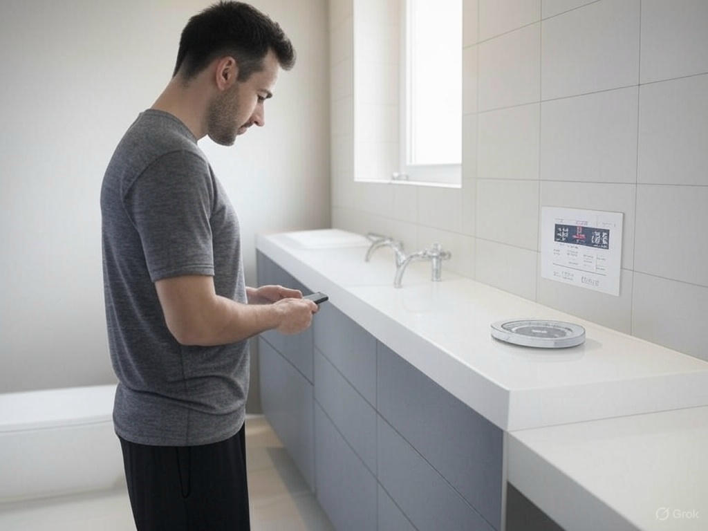 Person in a gym wearing a smart fitness tracker with a smartphone and smart scale in the background.