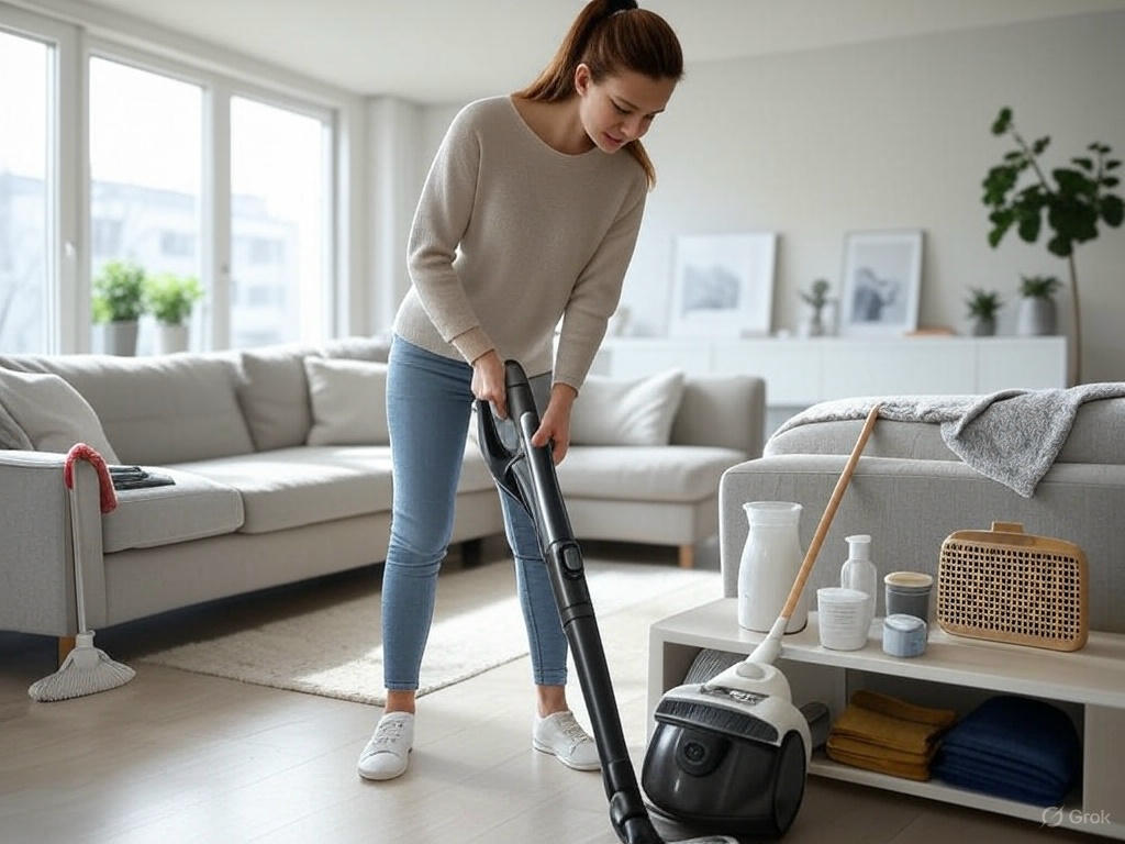A woman vacuuming a modern living room with a broom and microfiber cloth on a table, showcasing cleaning essentials in a bright, tidy space.