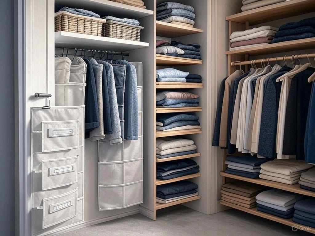 An organized closet with storage bins, a hanging organizer, and a basket of folded clothes on shelves against a soft gray background.