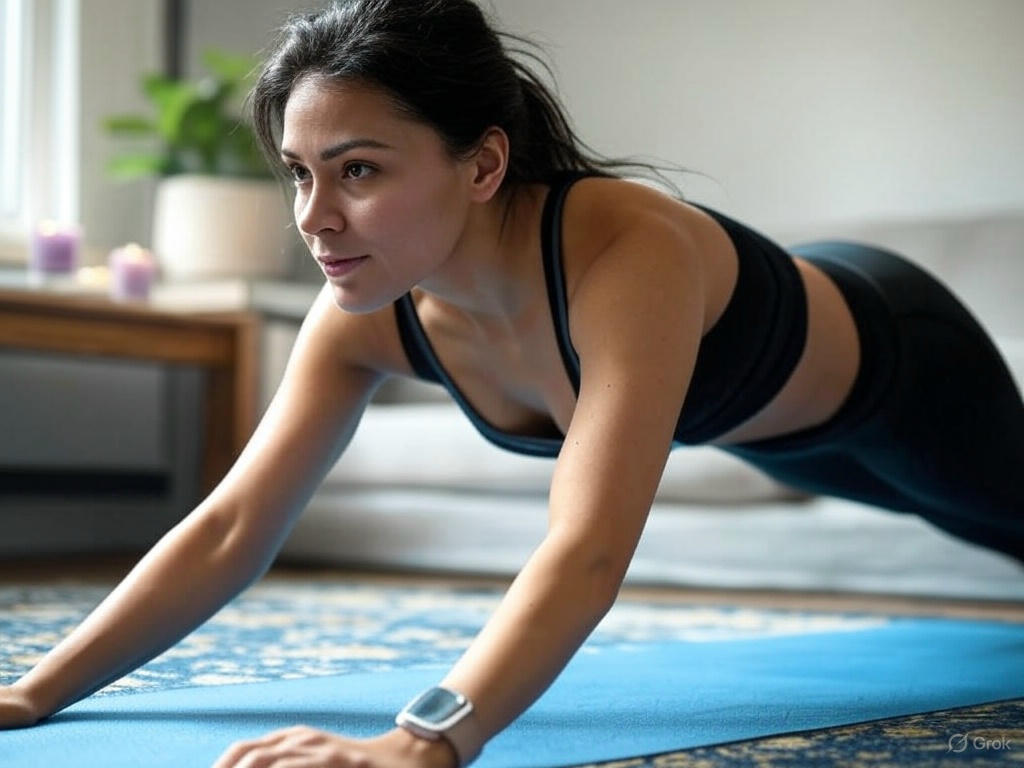 Person in downward dog yoga pose at home, using a heart rate monitor and smartwatch, with a tablet showing fitness data nearby.