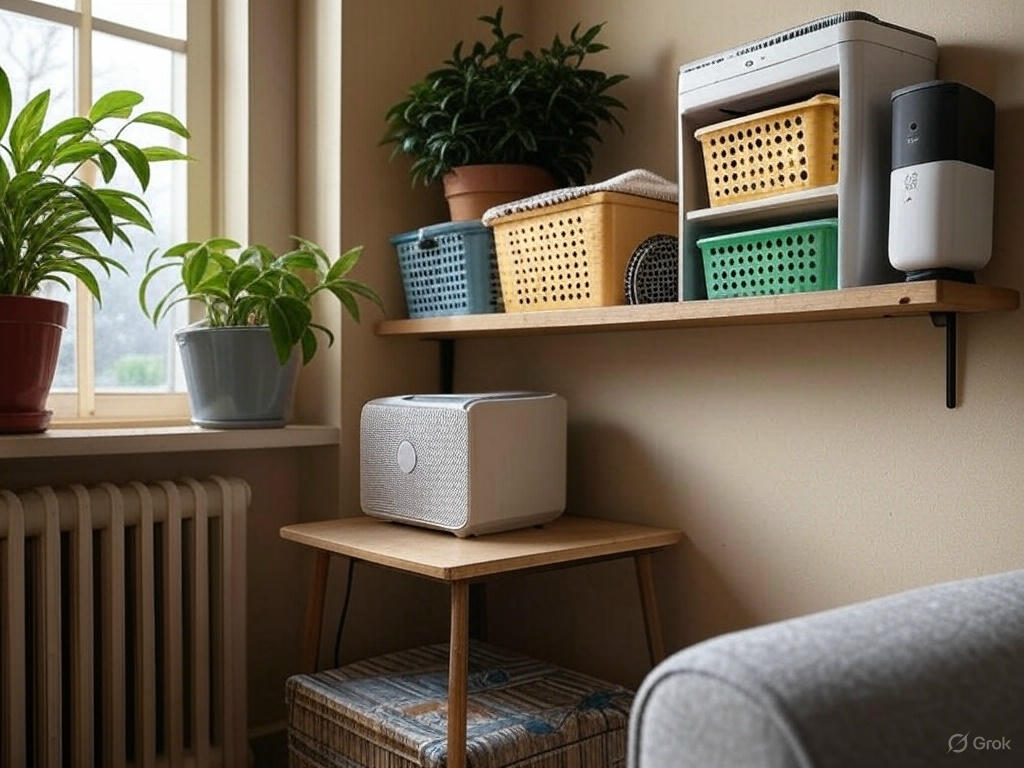 A small apartment corner with a wall-mounted shelf, storage baskets, an air purifier, and a potted plant, creating a cozy and organized space.