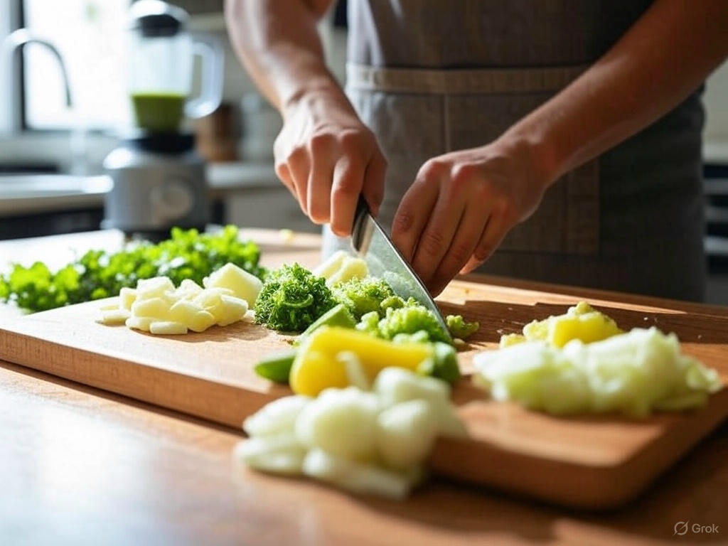 A person chopping vegetables on a cutting board with a chef’s knife, with a blender making a smoothie in the background of a bright kitchen.