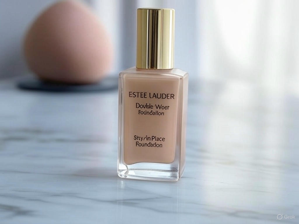 Estée Lauder Double Wear Foundation, the best foundation for oily skin, on a white marble surface with a makeup sponge.