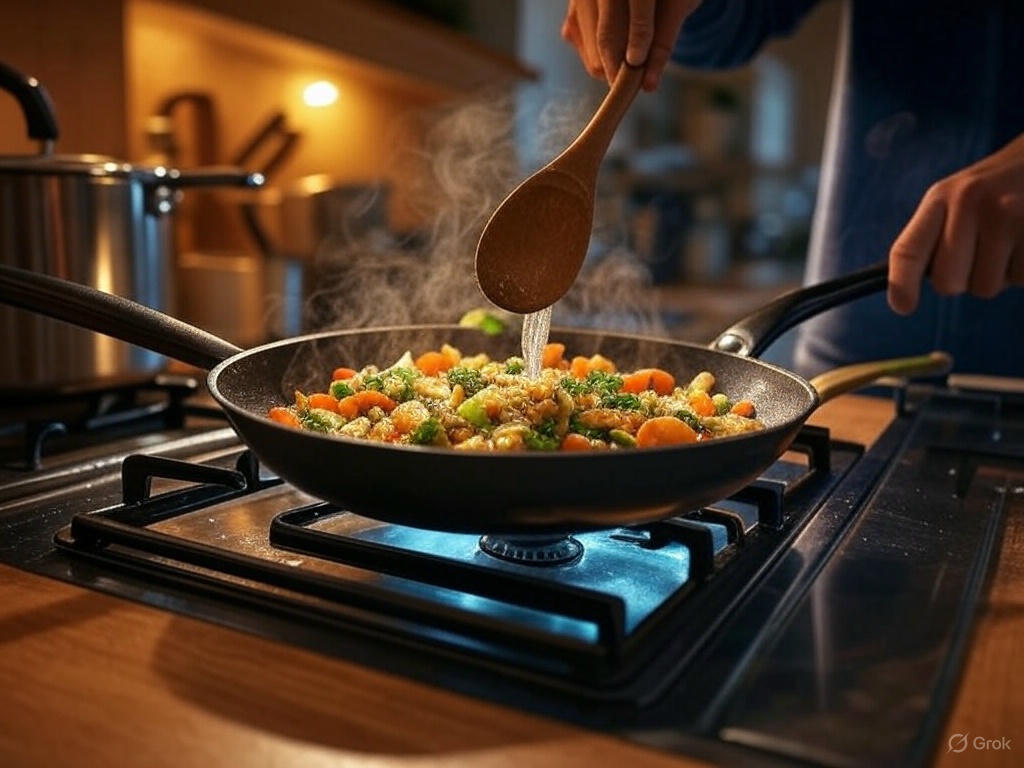 A person sautéing vegetables in a non-stick frying pan with a wooden spoon and a pot of boiling water on the stove in a cozy kitchen.