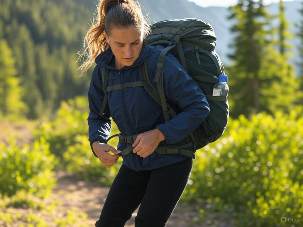 Hiker adjusting a green travel backpack on a rocky trail, surrounded by forest and mountains.