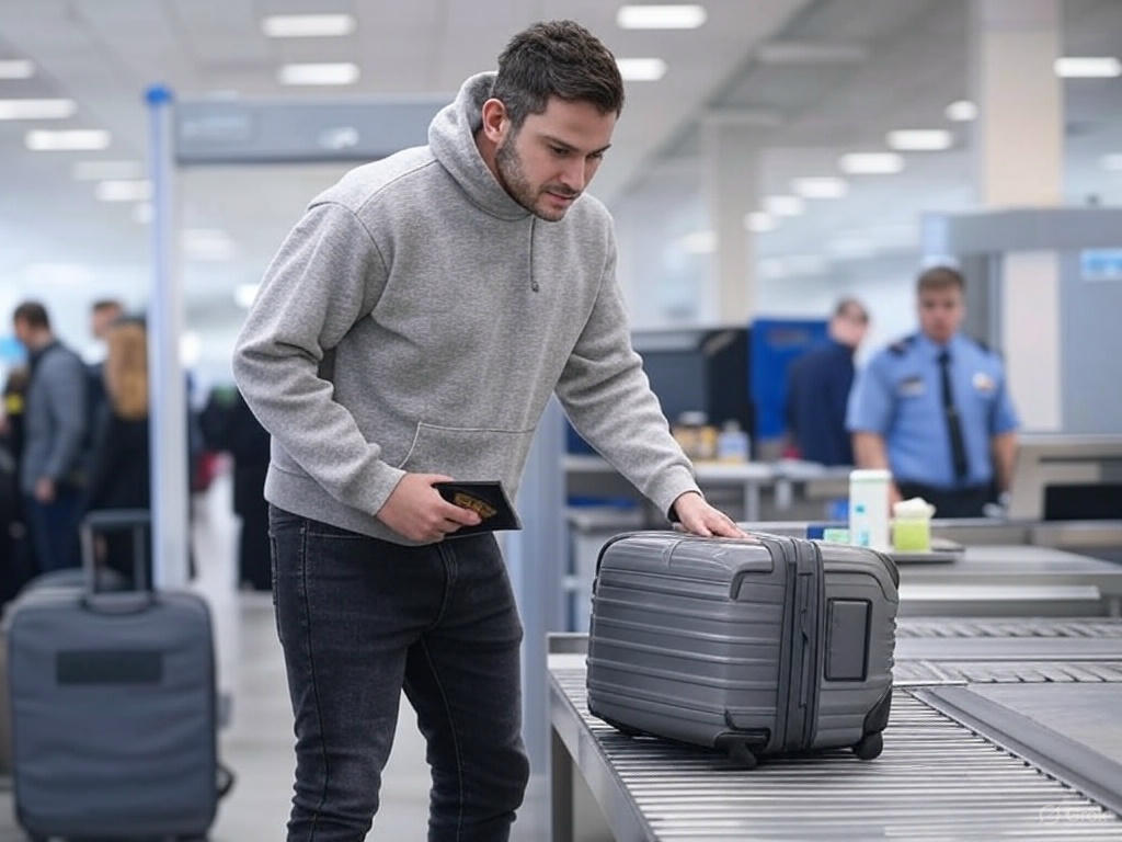 Traveler placing a gray suitcase on an airport security conveyor belt, with a security officer in the background.