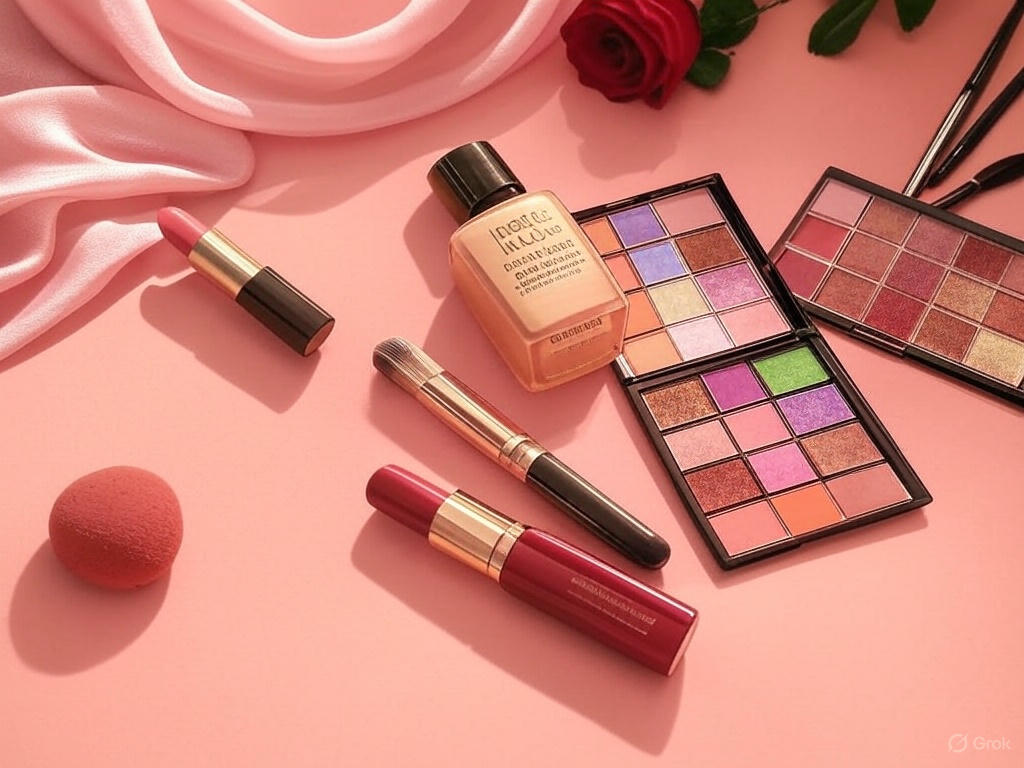 Flat-lay of a makeup routine for beginners with lipstick, foundation, and eyeshadow palette on a pastel peach surface.