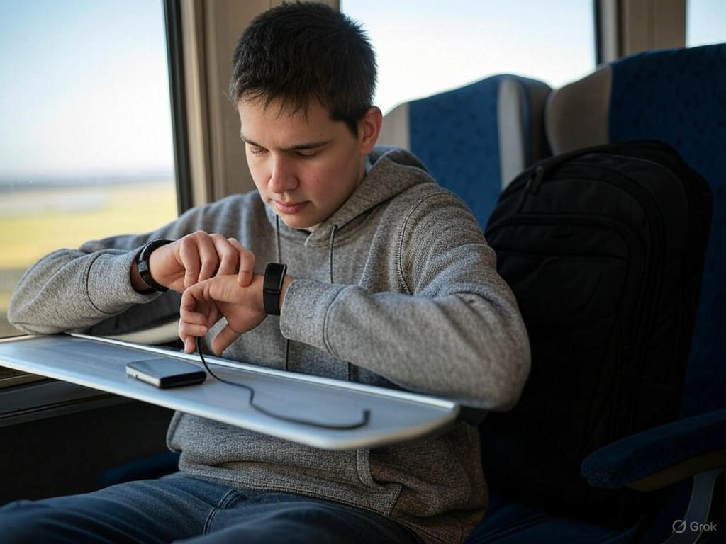 Traveler charging a smartwatch with a compact charger on a train, with a backpack and scenic view outside.