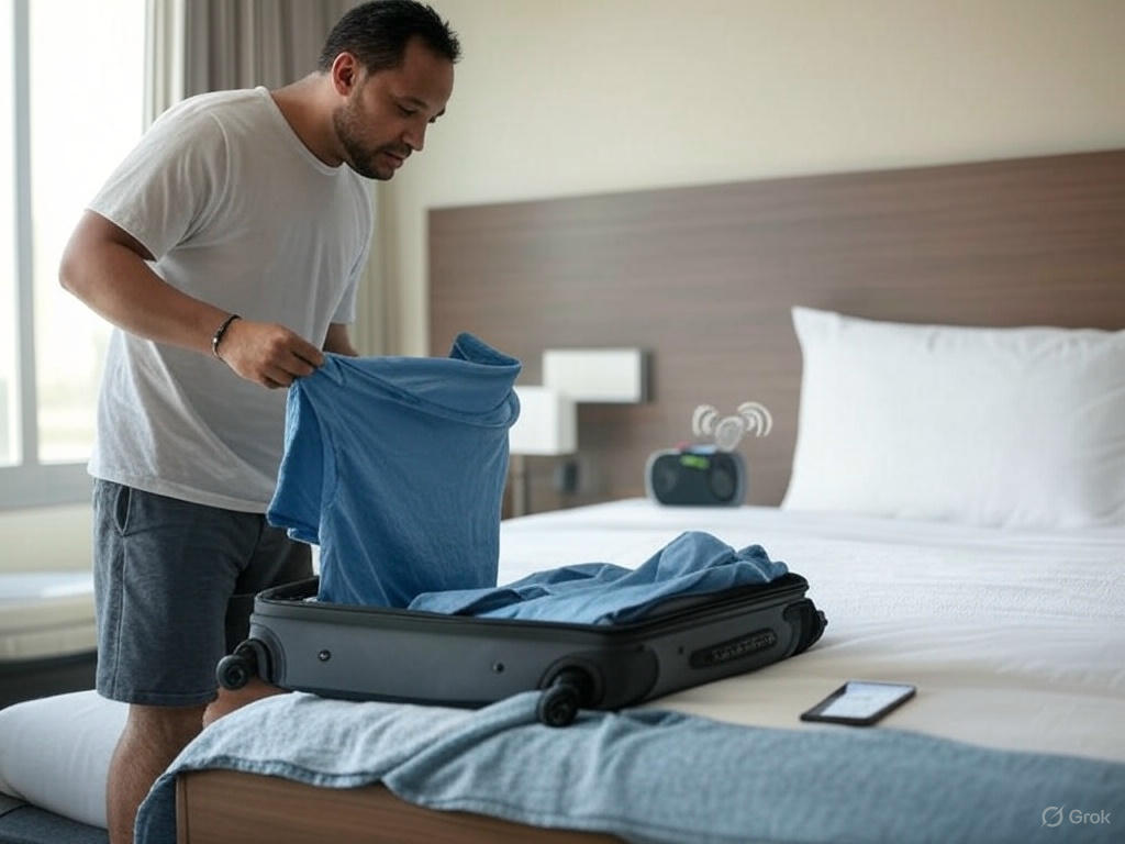 Traveler packing in a hotel room, using a portable speaker on a nightstand, with a suitcase and morning light.