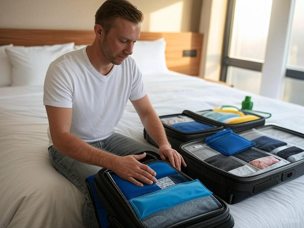 Traveler packing a suitcase with colorful travel organizers on a hotel bed, with sunlight illuminating the room.