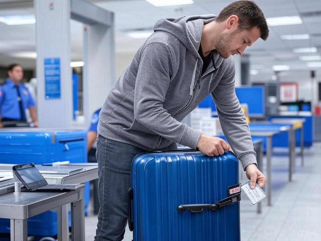 Traveler securing a suitcase with a travel lock at an airport security checkpoint, with a security officer in the background.