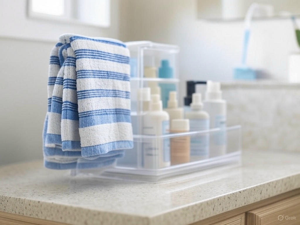Bathroom counter with utility products including hooks, an organizer tray, and a suction cup holder.