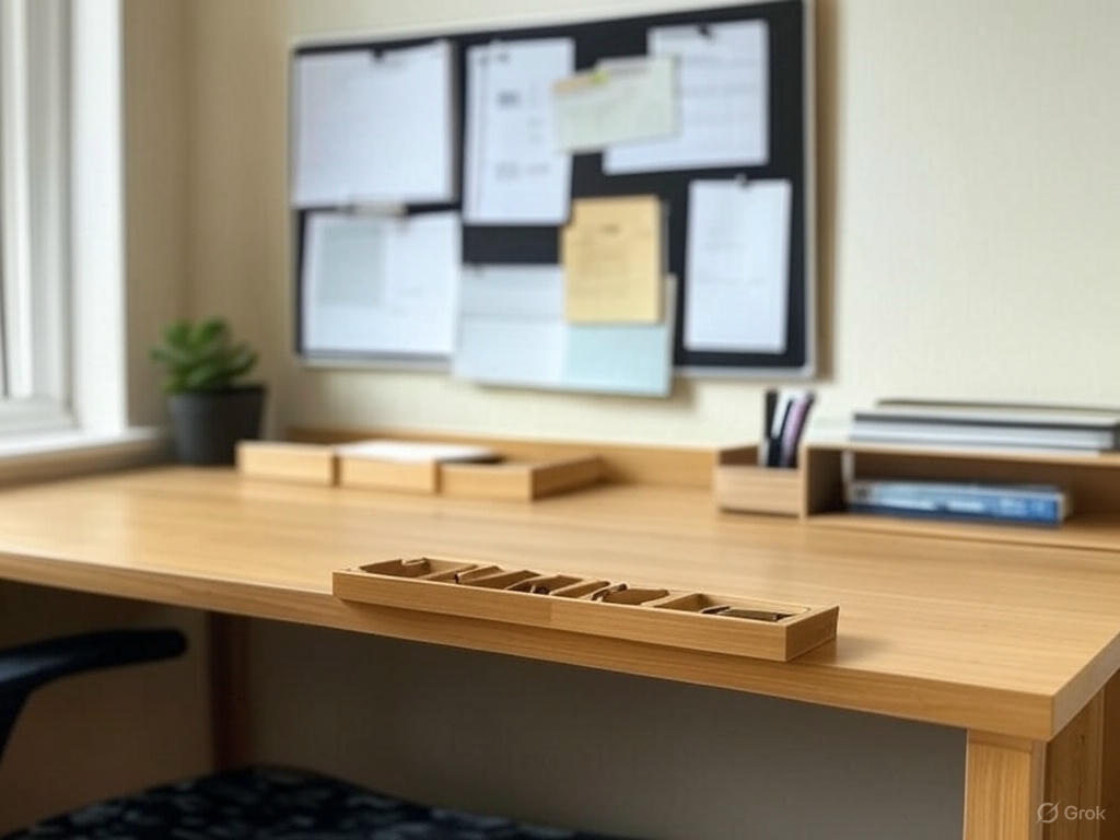 Home office with utility products like a cable organizer, desk shelf, and magnetic board.