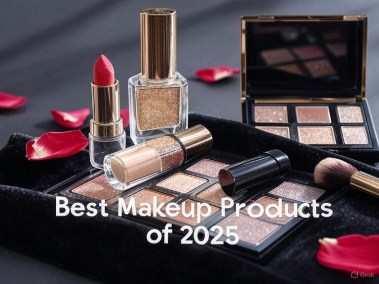 Glamorous display of the best makeup products of 2025, including lipstick, foundation, and eyeshadow palette on a black velvet background.