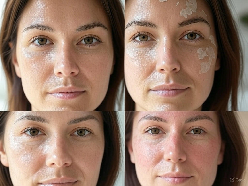 A close-up of a woman’s face divided into four quadrants, showing oily, dry, combination, and sensitive skin types with natural lighting.
Caption: Identify your skin type to choose the best products for your skincare routine.