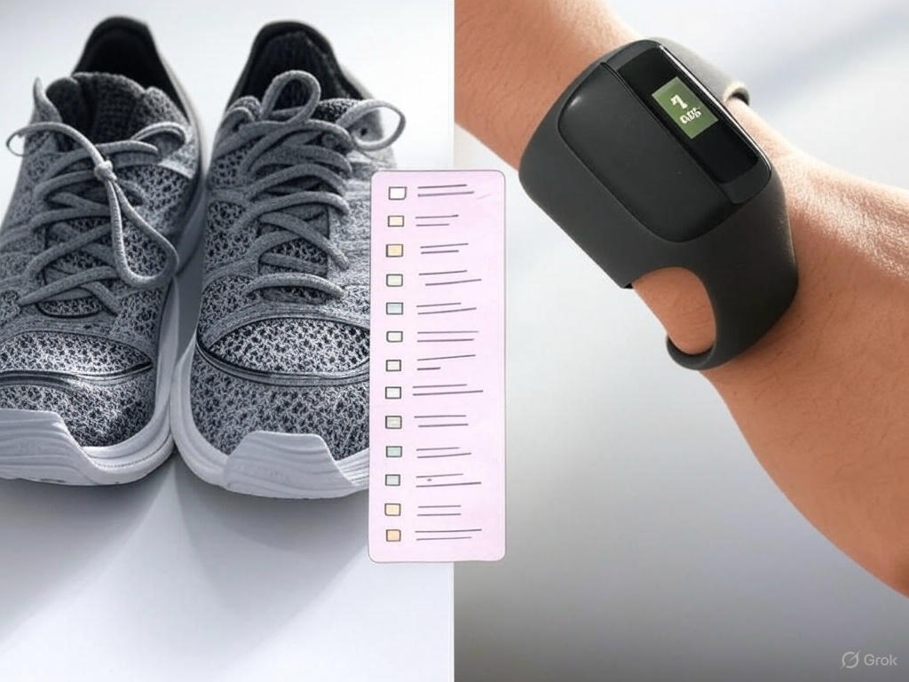Split image comparing running shoes and a fitness tracker with a pros and cons checklist.