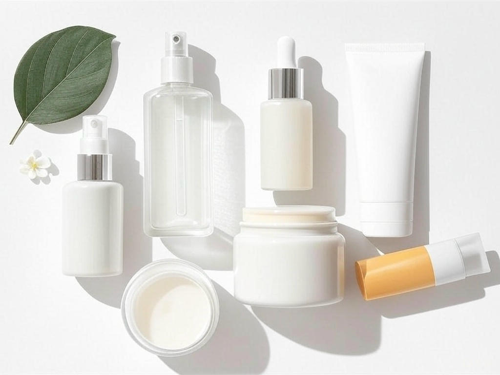 A flat lay of skincare products including a cleanser, toner, serum, moisturizer, and sunscreen, neatly arranged on a white background with a green leaf and soft lighting.